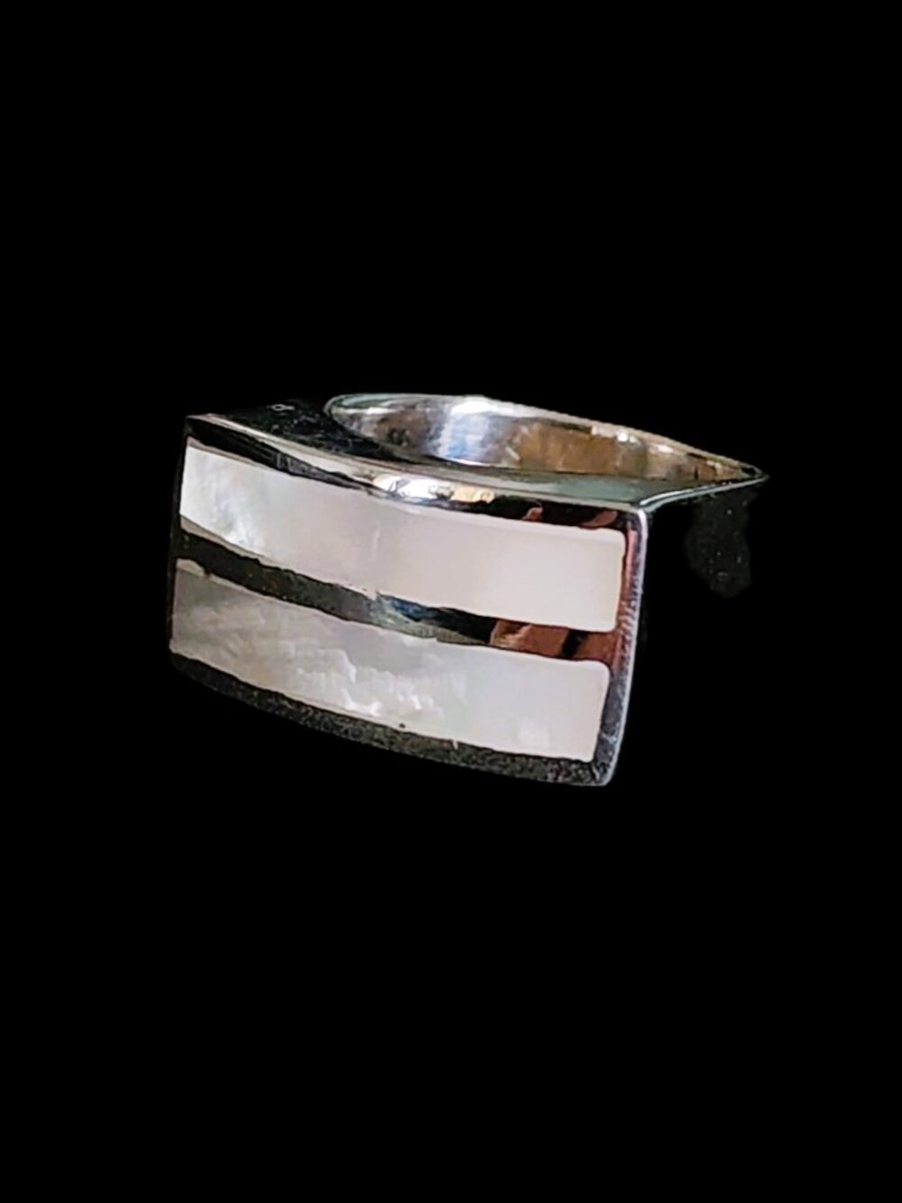 VTG 90s Sterling Silver Mother of Pearl Geometric Inlay Statement Ring Size 6